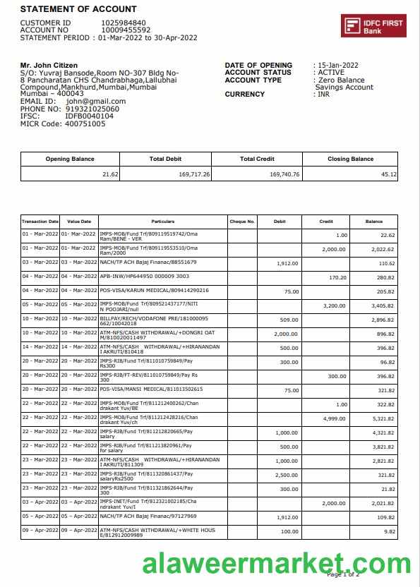 India IDFC First bank statement template, Word and PDF format, 2 pages